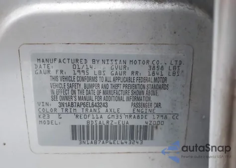 2014 Nissan Sentra Sr z USA, uszkodzony, nr VIN 3N1AB7AP6EL643243